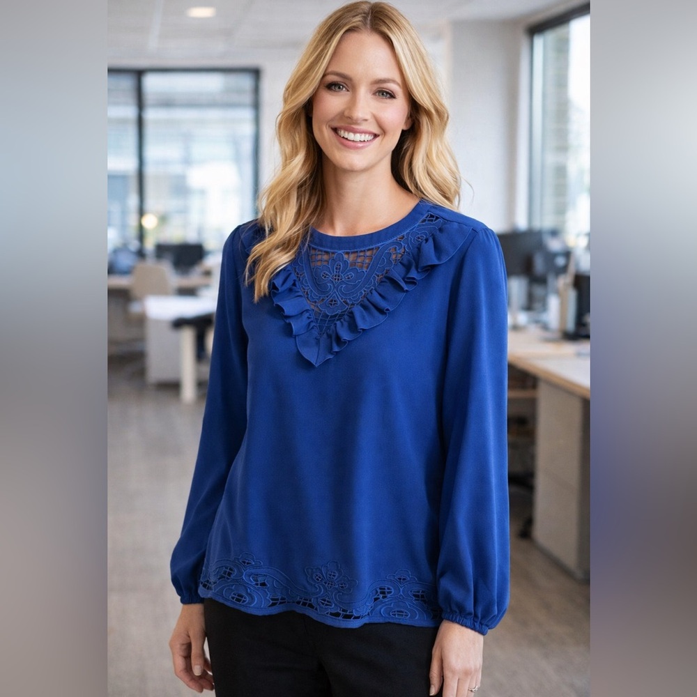 Halogen Cobalt Blue Ruffle Cutout Eyelet Long-Sleeve Detail Blouse Top Size XL